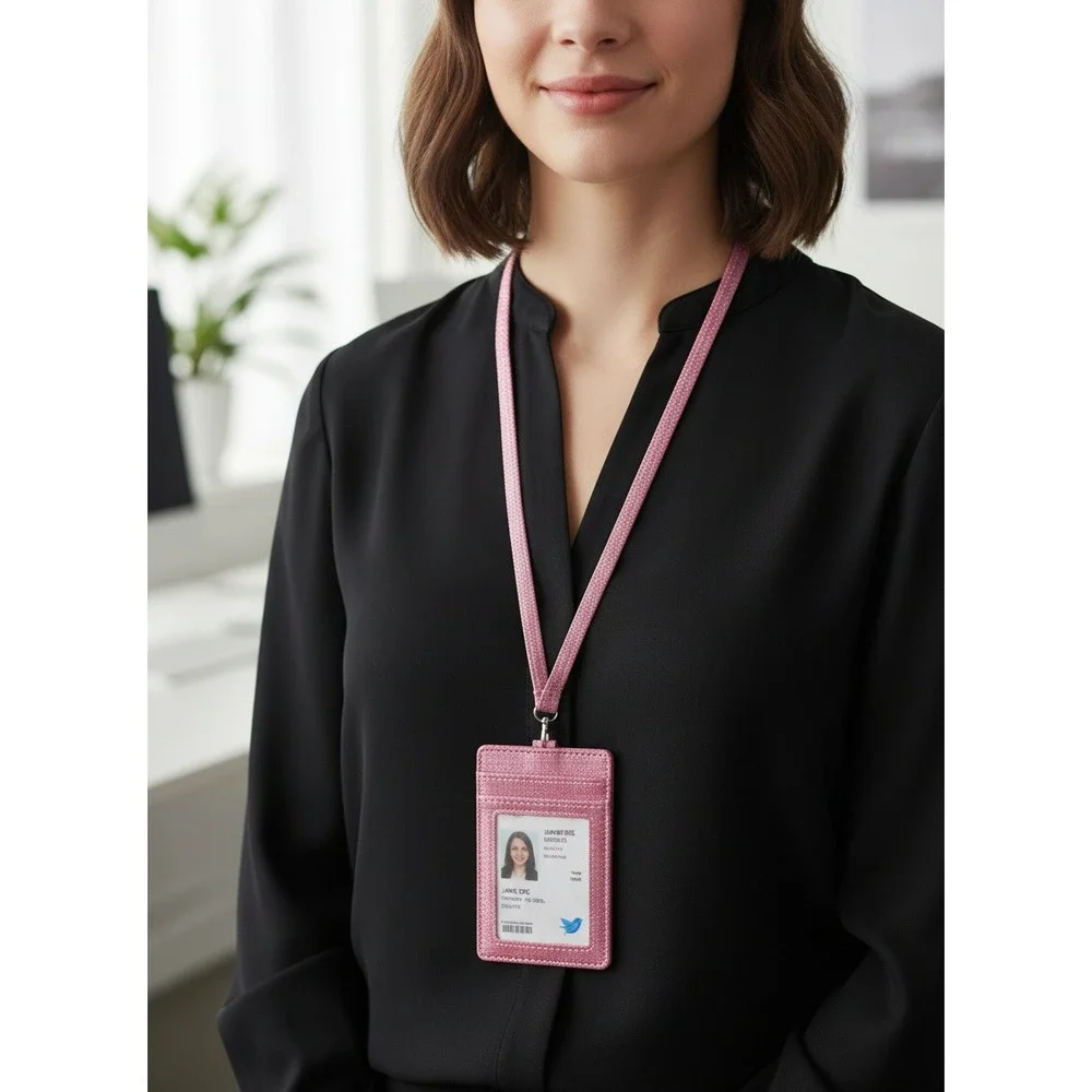 Azrra Pink Glitter ID Badge Holder‎ with Matching Lanyard Vertical Card Case